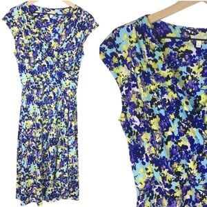 TALBOTS Dress Floral Garden Party Faux Wrap Surplice Stretchy Petite Medium MP